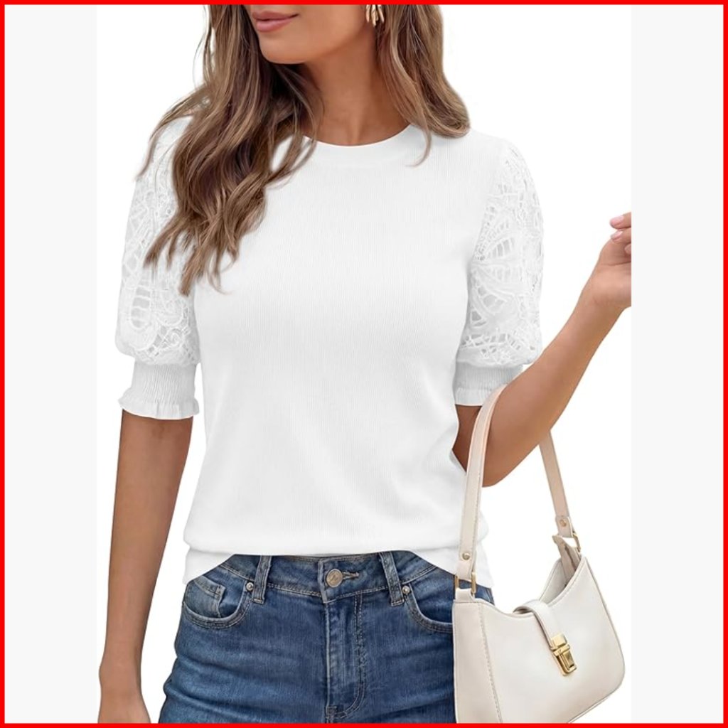 Short Sleeve Lace Puff Sleeve Crewneck Blouse, Ribbed Knit, Summer Casual